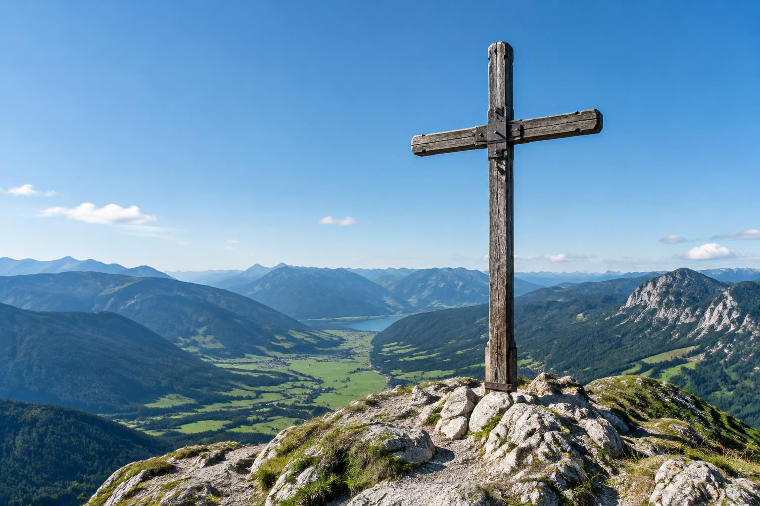 Hölzernes Gipfelkreuz als Symbol für den Abschluss des Lernwegs – Symbolbild