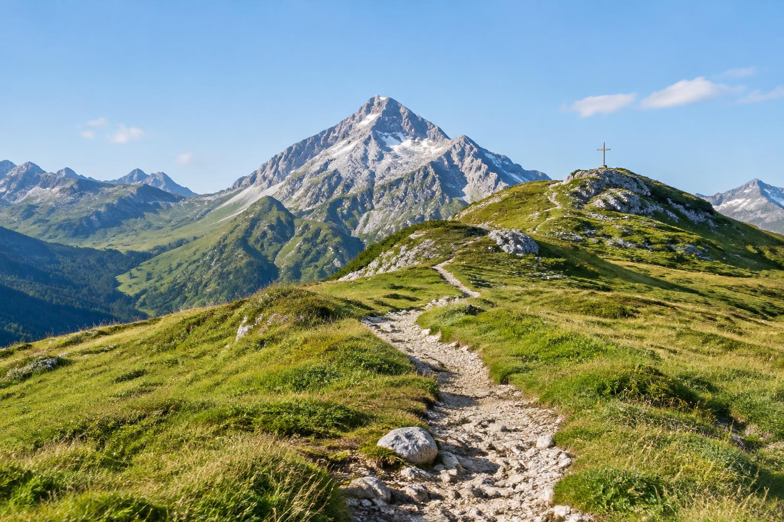 Ein Bergpfad führt über ein Plateau zum Gipfelkreuz – Symbolbild für den Ausbildungsweg