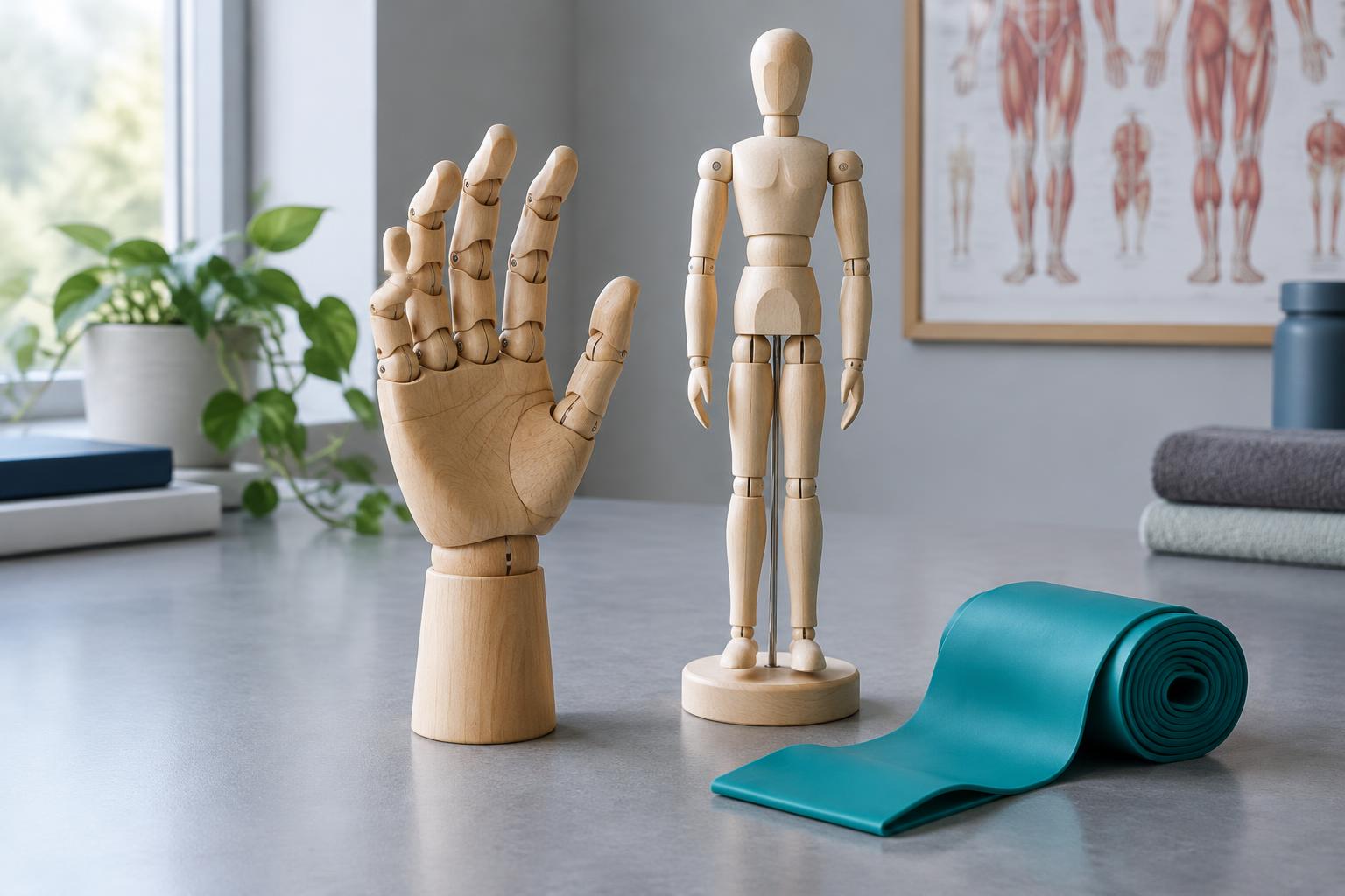 Bewegliche Holzmodelle von Hand und Körper mit Übungsband – Symbolbild für Neustart Physio