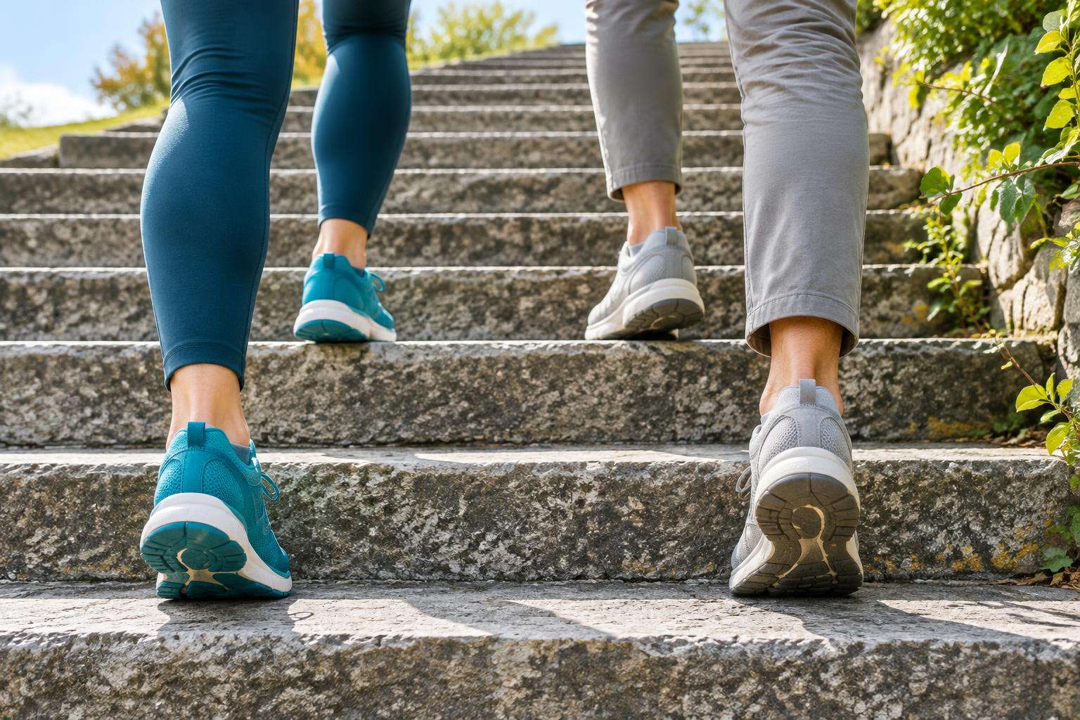 Schritt für Schritt: zwei Menschen gehen eine Steintreppe hinauf – Symbolbild